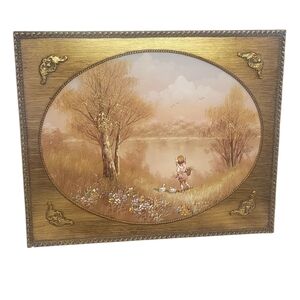 C. Manning Oil Painting Girl in Field of Flowers Duck Lake Edge Gold Frame